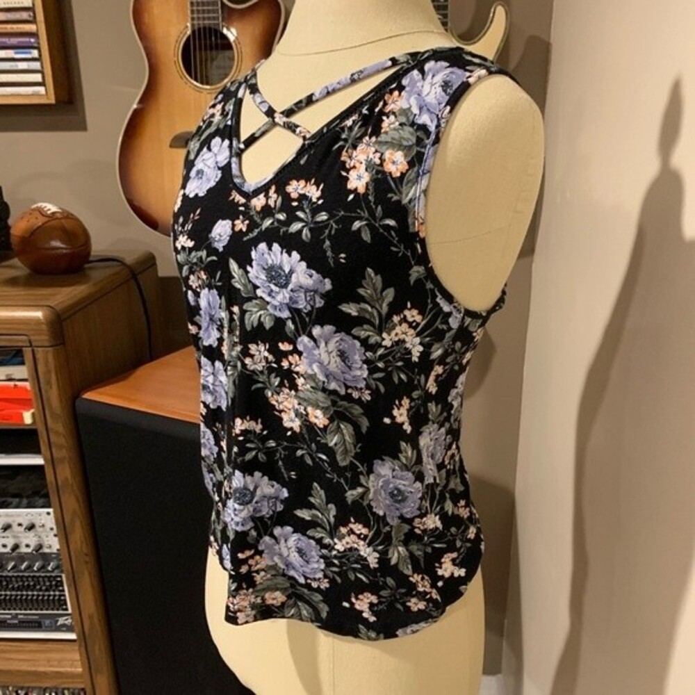 American Eagle size small black tank with blue floral.